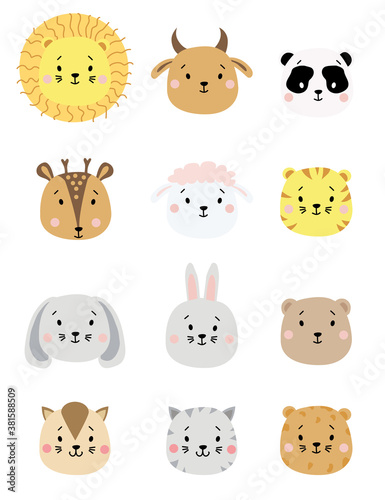 Fototapeta Naklejka Na Ścianę i Meble -  cute simple animal portraits. Set of color animal portraits - sheep and cow, lion and tiger, panda and deer, hare and bear, dog and cat. For childrens decoration, printing, textiles. Vector