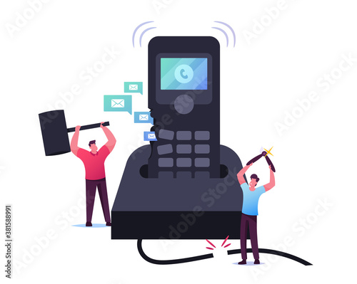 Tiny Male Characters Destroying Huge Calling Telephone. Men Ignoring Incoming Calls Try to Avoid Unpleasant Conversation