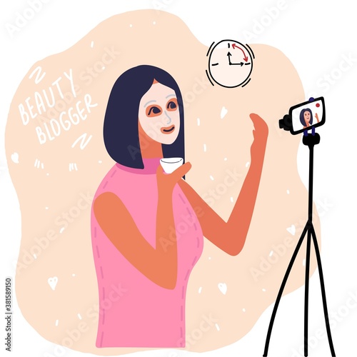Woman beauty blogger apply mask cream on face. makeup tutorials. Creating content and posting it on social media. online channel concept, female video streamer cartoon vector illustration