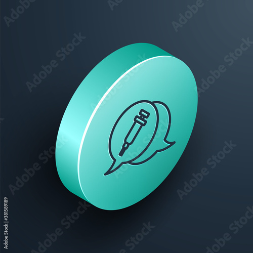 Isometric line Addiction to the drug icon isolated on black background. Heroin, narcotic, addiction, illegal. Sick junkie with a syringe and medical pills. Turquoise circle button. Vector.