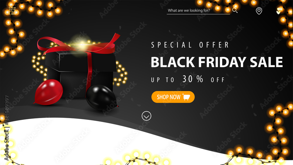 Special offer, Black Friday Sale, up to 30% off, black and white discount banner with button, garland frame, wave lines and black present box wrapped with garland
