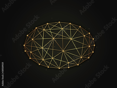 Ellipse golden abstract illustration on dark background. Geometric shape polygonal template made from lines and dots.