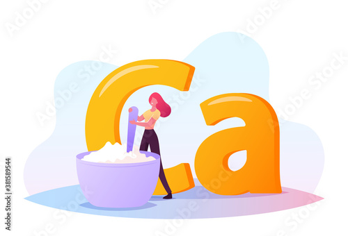 Tiny Woman Character Eating Curd from Huge Bowl. Dairy Production as Source of Calcium Mineral Supplement, Lactose Meal