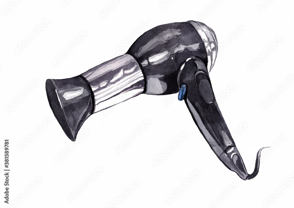 Black hair dryer for drying the head, it is plastic, metal, reflects,  glares, painted in watercolor, isolated on a white background. Stock  drawing. Stock Illustration
