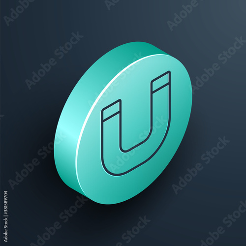 Isometric line Magnet icon isolated on black background. Horseshoe magnet, magnetism, magnetize, attraction. Turquoise circle button. Vector.