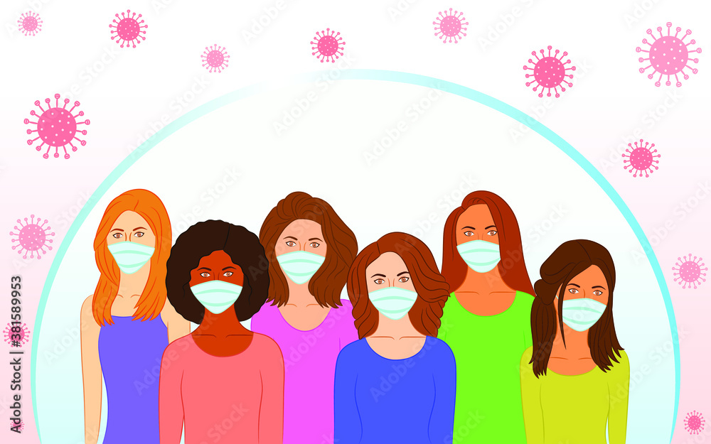 Group of women wearing medical masks. Preventive measures from respiratory disease, virus spread outbreak. Coronavirus pandemic concept. Vector illustration Group of women wearing medical masks. Preventive measures from respiratory disease, virus spread outbreak. Coronavirus pandemic concept. Vector illustration
