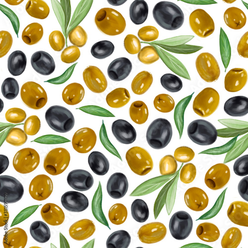 Seamless raster pattern with olives and leaves. Hand drawn gouache illustration for fabric, wallpaper, print, textile. 