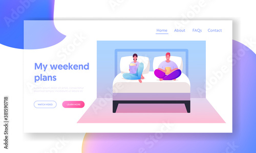 Leisure, Sparetime, Day Off Landing Page Template. Young Couple Watch TV with Popcorn at Home. Characters Lazy Weekend