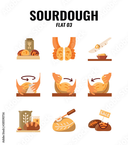 Flat icon set of homemade sourdough bread baking kit and process. icons set3