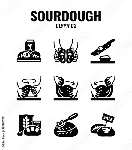 Glyph icon set of homemade sourdough bread baking kit and process. icons set3