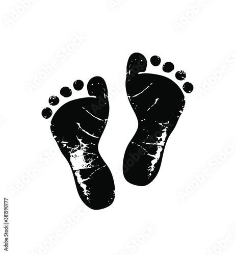 Vector baby footprints silhouette drawing print isolated on white background.Black Footsteps.Baby shower.New born.Heart shape.