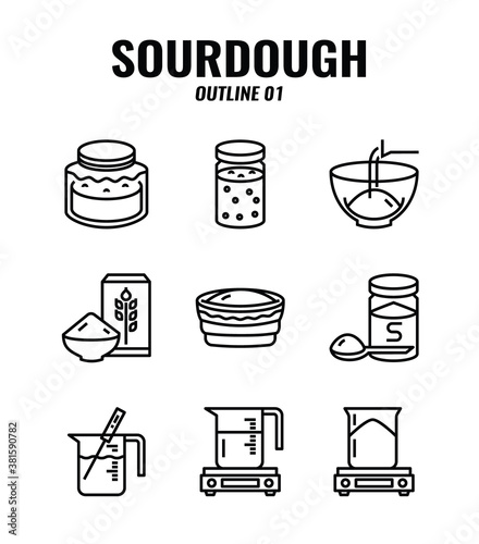 Outline icon set of homemade sourdough bread baking kit and process. icons set1