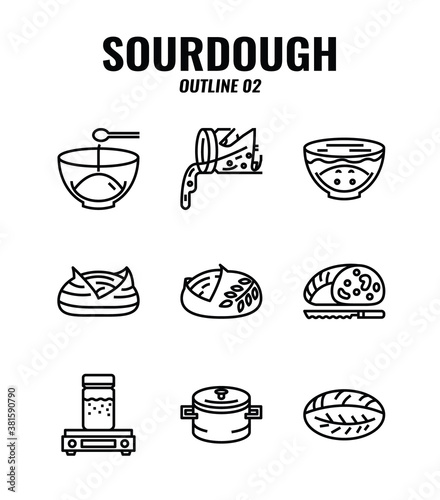 Outline icon set of homemade sourdough bread baking kit and process. icons set2