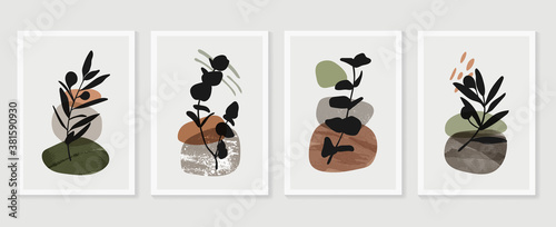 Botanical wall art vector set. boho Foliage line art drawing with  abstract shape.  Abstract Plant Art design for print, cover, wallpaper, Minimal and  natural wall art.