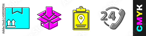 Set Cardboard box with traffic symbol, Cardboard box with traffic symbol, Document tracking marker system and Telephone 24 hours support icon. Vector.