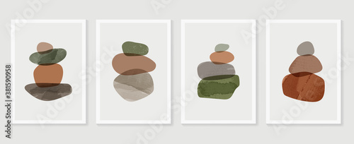 Botanical wall art vector set. boho Foliage line art drawing with  abstract shape.  Abstract rock Art design for print, cover, wallpaper, Minimal and  natural wall art.