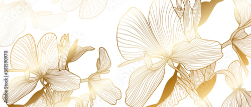 luxury gold floral line art wallpaper vector. Exotic botanical background, Orchid flower golden line design for textiles, wall art, fabric, wedding invitation, cover design Vector illustration.