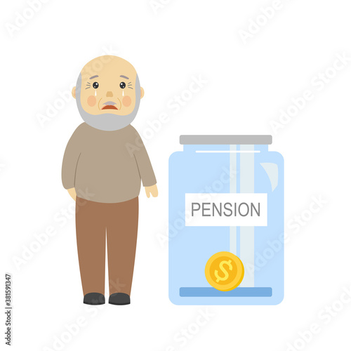 Senior man standing with pension money bottle in flat design. Inadequate pension money for retirement concept.