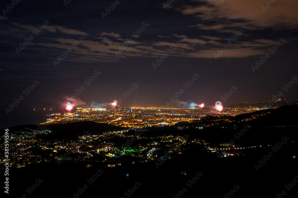 Final of the festival of La Mercè 2020 with fireworks distributed throughout the city of Barcelona in order not to generate crowds of people to avoid COVID-19.