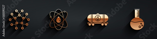 Set Molecule oil, Atom, Oil railway cistern and Oil petrol test tube icon with long shadow. Vector.