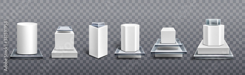 Pedestals from white plastic and glass for display product, exhibit or trophy. Vector realistic set of empty modern podiums different shapes, platforms for showcase, museum or exposition