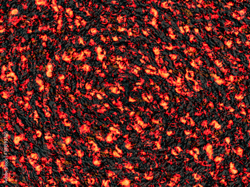 Illustration of material texture of red hot embers surrounded by ashes in the style of volcanic lava