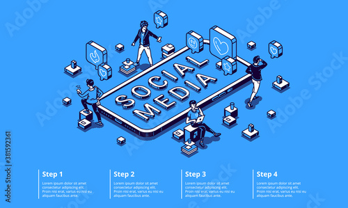 Social media isometric infographic concept with tiny characters using gadgets, working on computer, communicate and chatting in internet networks around huge smartphone 3d vector line art infographics