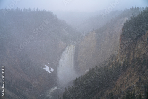 lower falls of the yellowstone national park in grand canyon in winter  wyoming  usa