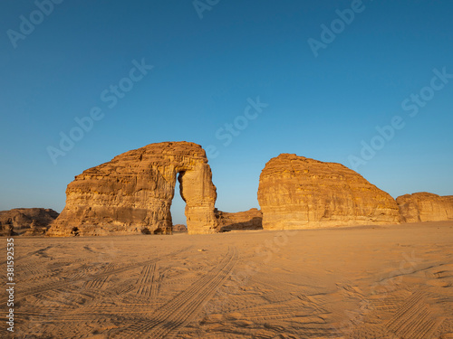 Morning sunrise view of Elephant Rock natural geological formation, Al Ula, western Saudi Arabia