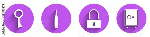 Set Old key, Bullet, Lock and Safe icon with long shadow. Vector.
