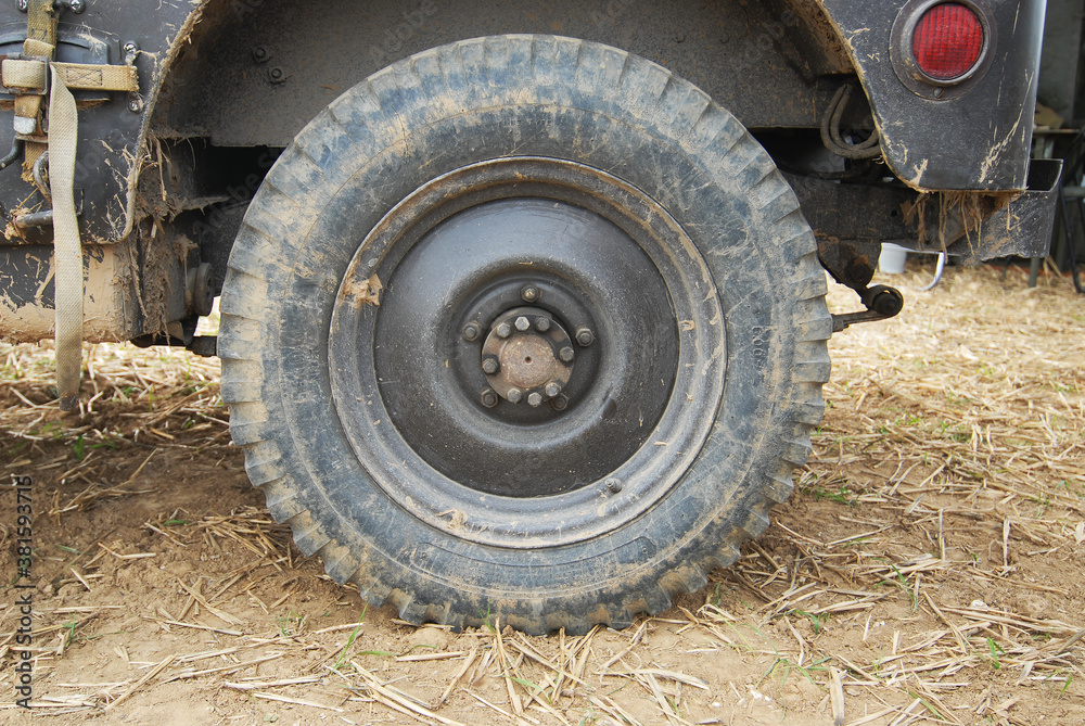 close up of military vehicle wheel