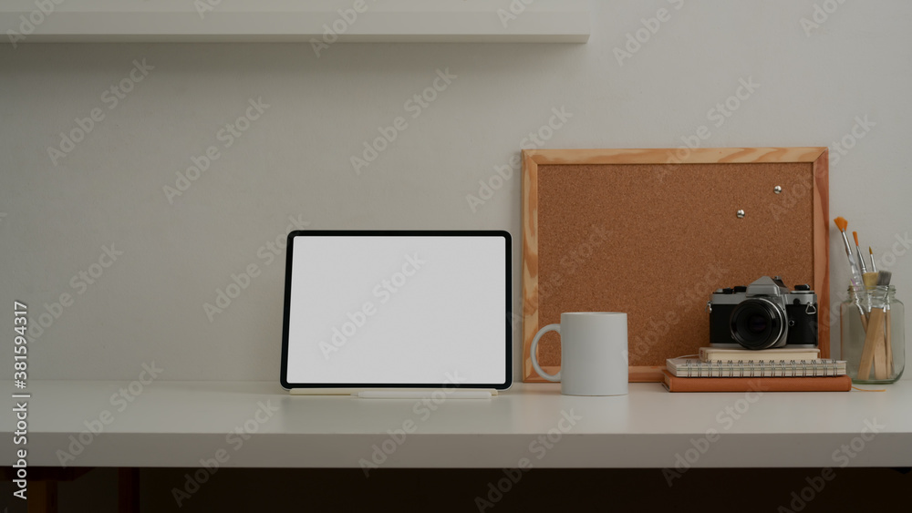 Mock up laptop computer in comfortable room with office supplies Mock up laptop computer in comfortable room with office supplies