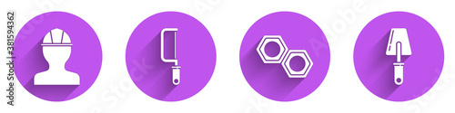 Set Worker safety helmet, Hacksaw, Hexagonal metal nut and Trowel icon with long shadow. Vector.