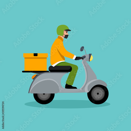 Delivery man riding a red scooter illustration. Food delivery man vector