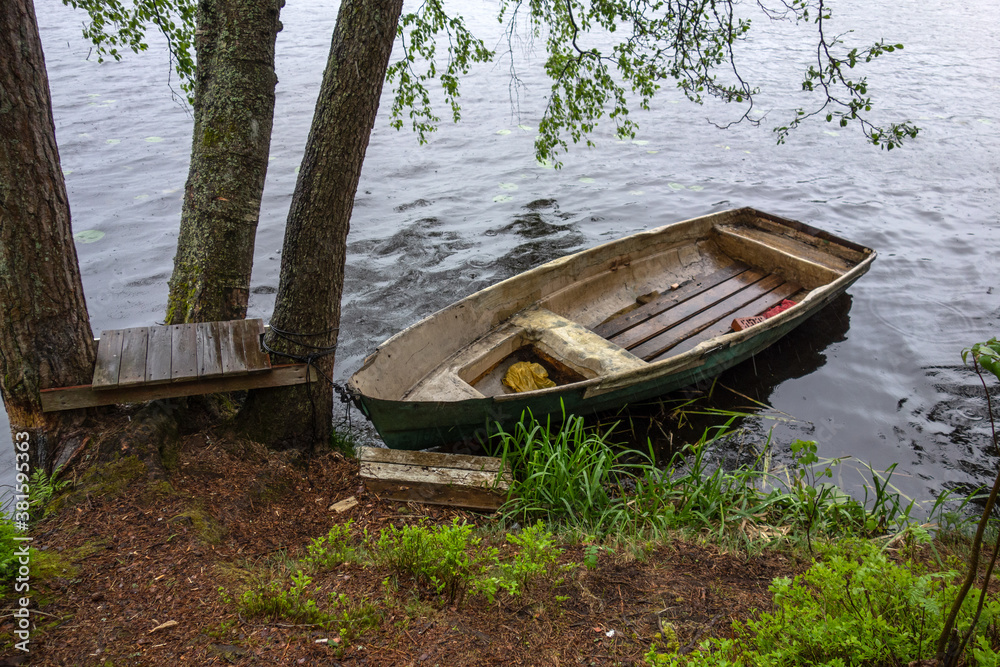 A wooden boat is tied to a tree on the lake