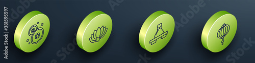 Set Isometric Chinese Yuan currency, Lotus flower, Dumpling on cutting board and Chinese paper lantern icon. Vector.