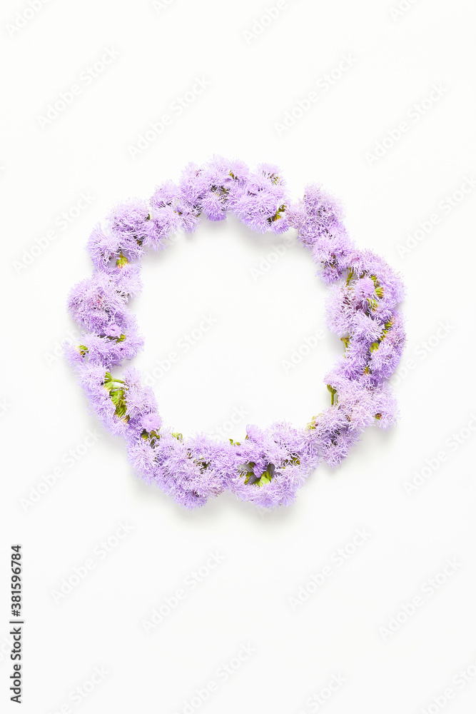 wedding layout. beautiful wreath of pink flowers on a white background. flat lay, copy space