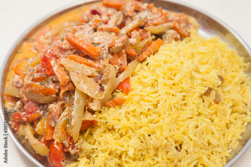 Closeup of basmati rice plate with vegetables Closeup of basmati rice plate with vegetables