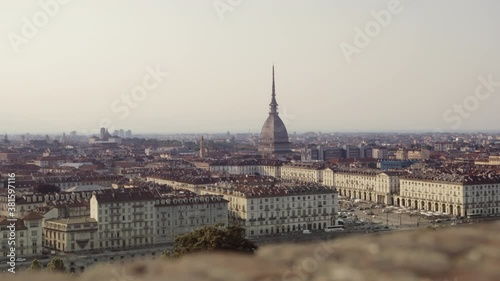 Turin, aerial skyline panorama with Mole Antonelliana clearly visible. Turin, Piedmont, Italy. 