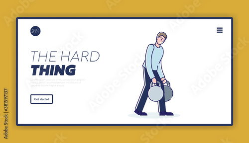 Man carrying heavy weights of unbearable burden. Template landing page design