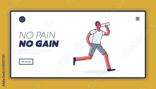 No pain no gain landing page concept with athlete running tired and exhausted