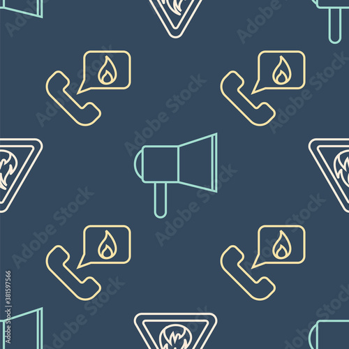Set line Fire flame in triangle, Telephone with emergency call 911 and Megaphone on seamless pattern. Vector.