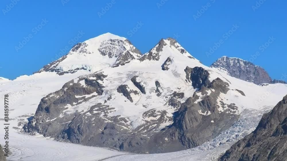 Great Aletsch Glacier, the largest glacier in the Alps and UNESCO heritage from Eggishorn viewpoint, 2869 m. above sea level in Canton of Valais, Switzerland, Europe. Summer season, zoom view close up Great Aletsch Glacier, the largest glacier in the Alps and UNESCO heritage from Eggishorn viewpoint, 2869 m. above sea level in Canton of Valais, Switzerland, Europe. Summer season, zoom view close up