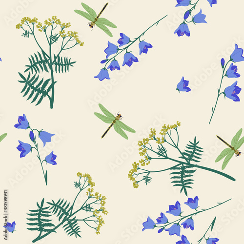 Seamless pattern with field herbs,campanula and dragonflies