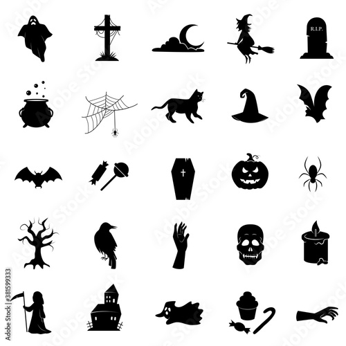 Halloween vector icon set. Collection of traditional Halloween symbols and props.
