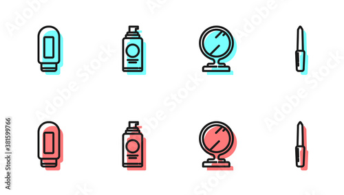 Set line Round makeup mirror, Cream lotion cosmetic tube, Spray can for hairspray and Nail file icon. Vector.