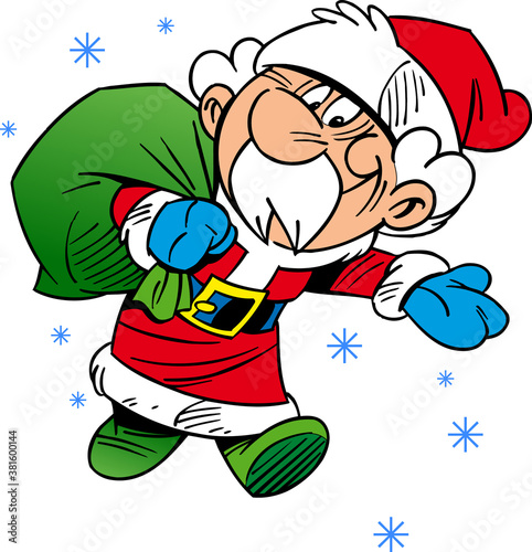  Vector illustration shows merry Santa Claus hurrying with a bag of Christmas gifts