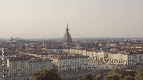 Turin, aerial skyline panorama with Mole Antonelliana clearly visible. Turin, Piedmont, Italy. 
