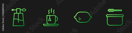 Set line Lemon, Perfume, Cup of tea with tea bag and Sauna bucket and ladle. Gradient color icons. Vector.