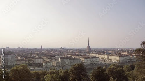 Turin, aerial skyline panorama with Mole Antonelliana clearly visible. Turin, Piedmont, Italy. 